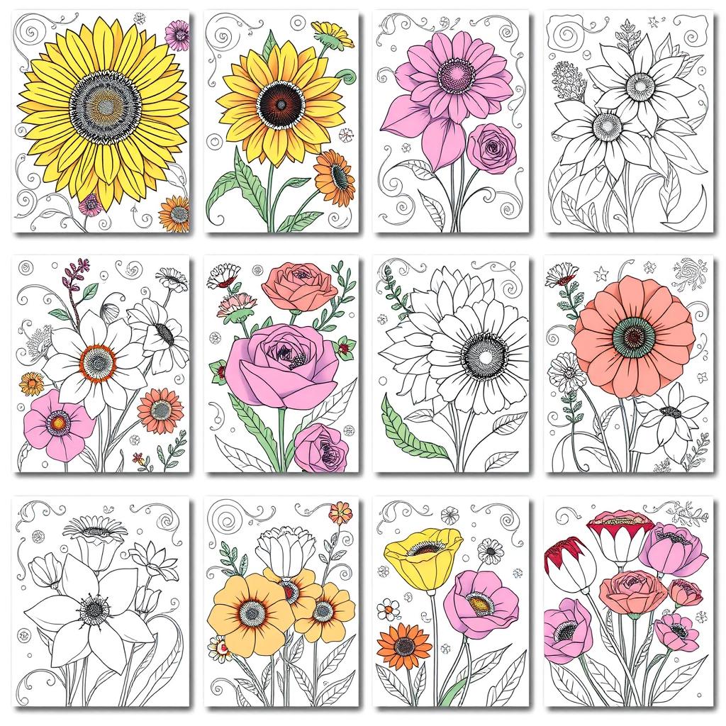 A series of delightful coloring pages featuring an array of colorful flowers, including sunflowers, roses, tulips, and poppies, each intricately illustrated with bold outlines designed specifically for coloring