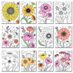 A series of delightful coloring pages featuring an array of colorful flowers, including sunflowers, roses, tulips, and poppies, each intricately illustrated with bold outlines designed specifically for coloring