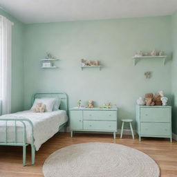 A charming child's bedroom painted in soothing mint green color with age-appropriate furniture and toys