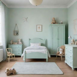 A charming child's bedroom painted in soothing mint green color with age-appropriate furniture and toys