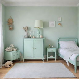 A charming child's bedroom painted in soothing mint green color with age-appropriate furniture and toys