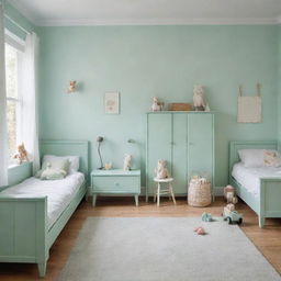 A charming child's bedroom painted in soothing mint green color with age-appropriate furniture and toys