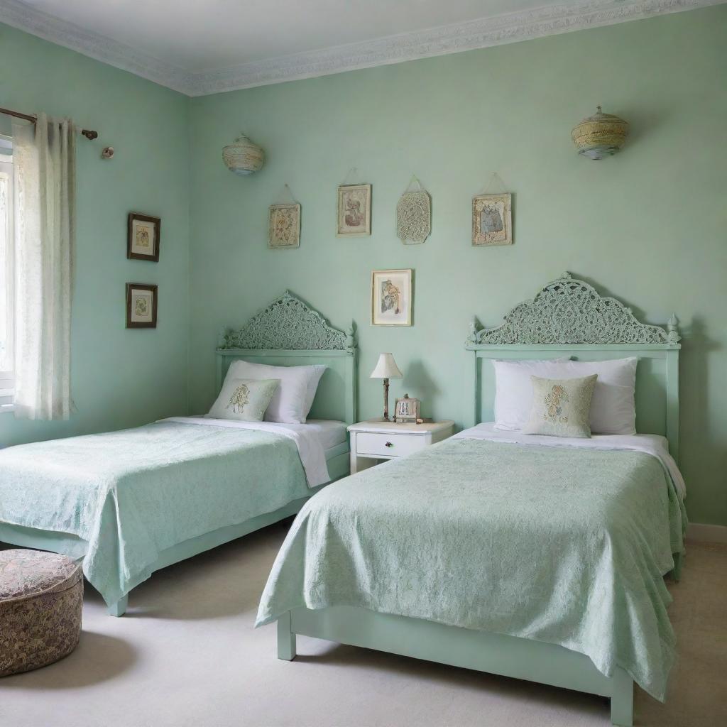 Two children's bedrooms painted in soothing mint green, adorned with elements of Kashmiri art and craft