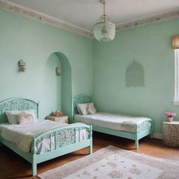 Two children's bedrooms painted in soothing mint green, adorned with elements of Kashmiri art and craft