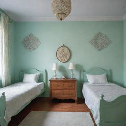 Two children's bedrooms painted in soothing mint green, adorned with elements of Kashmiri art and craft