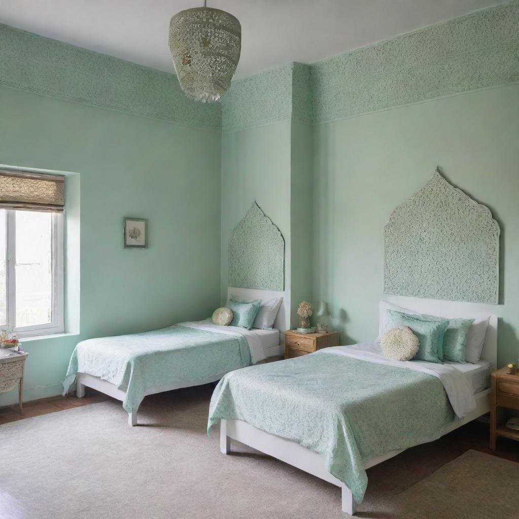 Two children's bedrooms painted in soothing mint green, adorned with elements of Kashmiri art and craft