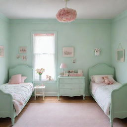 Two children's bedrooms, one painted in calming mint green and the other in delicate rose color, filled with age-appropriate furniture and toys