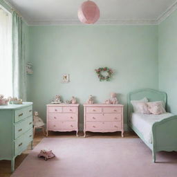 Two children's bedrooms, one painted in calming mint green and the other in delicate rose color, filled with age-appropriate furniture and toys