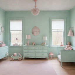 Two children's bedrooms, one painted in calming mint green and the other in delicate rose color, filled with age-appropriate furniture and toys