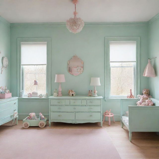 Two children's bedrooms, one painted in calming mint green and the other in delicate rose color, filled with age-appropriate furniture and toys