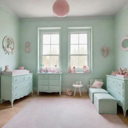 Two children's bedrooms, one painted in calming mint green and the other in delicate rose color, filled with age-appropriate furniture and toys