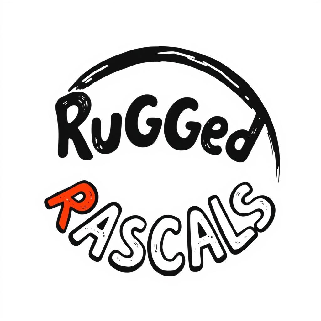 A logo featuring the text "Rugged Rascals" arranged in a perfect black circle