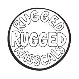 A logo featuring the text "Rugged Rascals" arranged in a perfect black circle