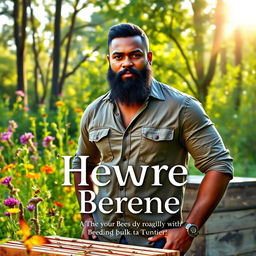A book cover featuring a handsome, muscular dark-skinned man with a full beard, wearing a simple yet stylish shirt, surrounded by a lush green landscape of a nature reserve