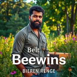 A book cover featuring a handsome, muscular dark-skinned man with a full beard, wearing a simple yet stylish shirt, surrounded by a lush green landscape of a nature reserve