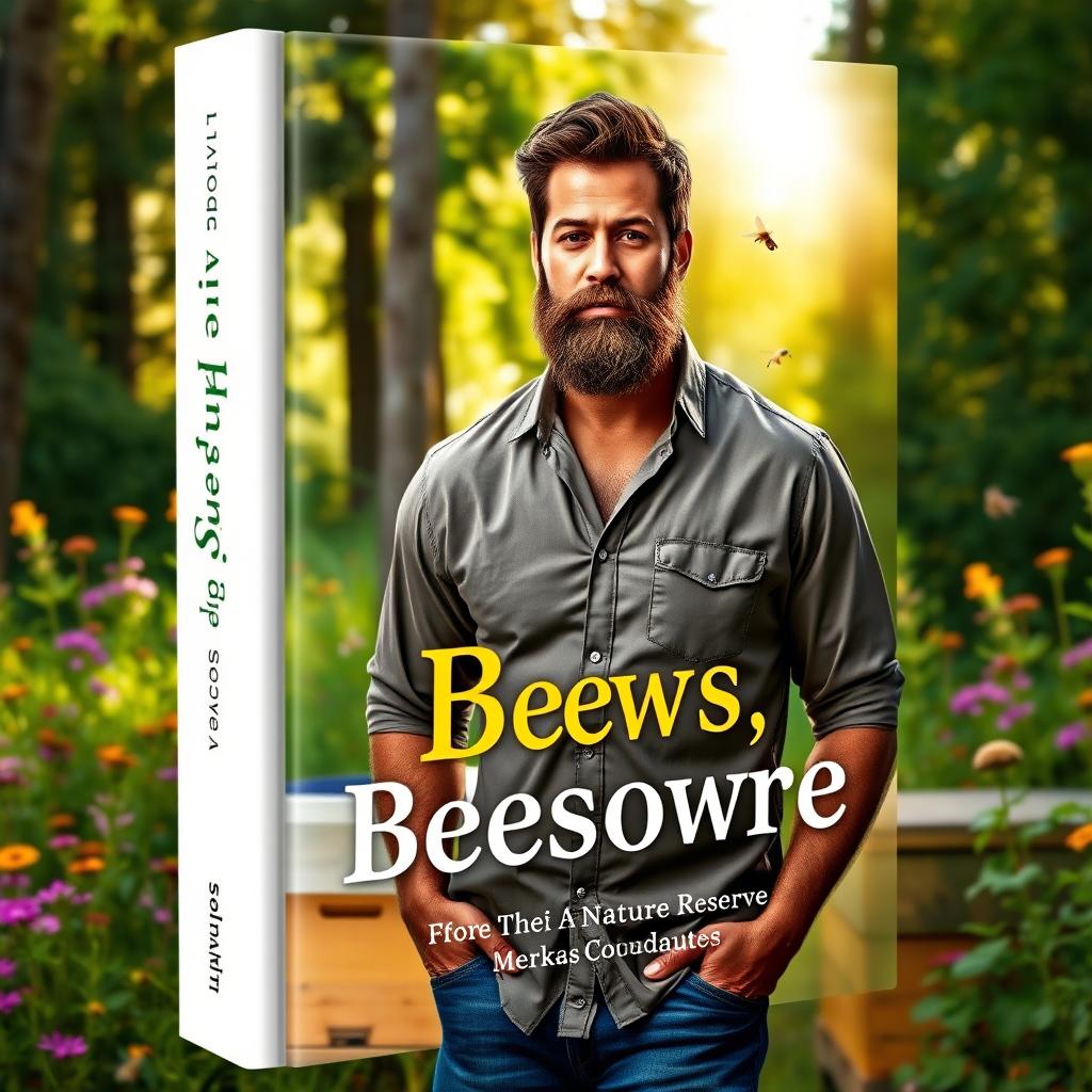 A book cover featuring a handsome, muscular dark-skinned man with a full beard, wearing a simple yet stylish shirt, surrounded by a lush green landscape of a nature reserve