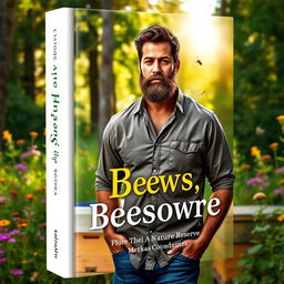 A book cover featuring a handsome, muscular dark-skinned man with a full beard, wearing a simple yet stylish shirt, surrounded by a lush green landscape of a nature reserve