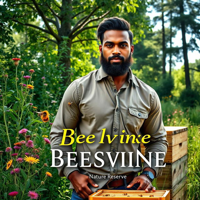 A book cover featuring a handsome, muscular dark-skinned man with a full beard, wearing a simple yet stylish shirt, surrounded by a lush green landscape of a nature reserve