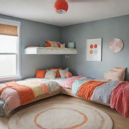 A children's bedroom featuring two beds, designed with colorful and playful elements yet maintaining a cozy atmosphere