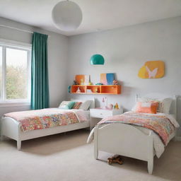 A children's bedroom featuring two beds, designed with colorful and playful elements yet maintaining a cozy atmosphere