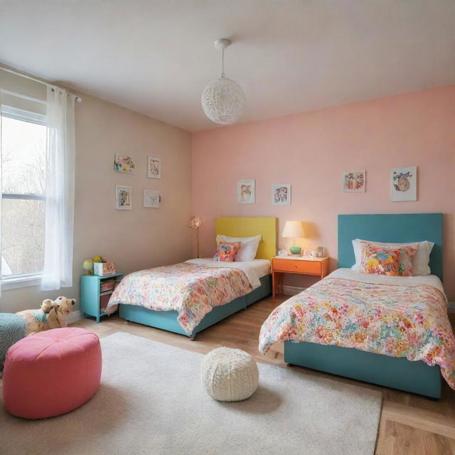 A children's bedroom featuring two beds, designed with colorful and playful elements yet maintaining a cozy atmosphere