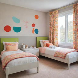 A children's bedroom featuring two beds, designed with colorful and playful elements yet maintaining a cozy atmosphere