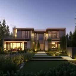 Render a beautiful and elegant two-story house with a lush garden and a modern architecture design.