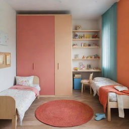 A children's bedroom, now featuring two beds and a wardrobe, all containing playful, colorful elements in a warm, inviting atmosphere