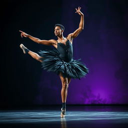 A captivating scene featuring a young Black male ballet dancer performing the iconic 'Black Swan' routine
