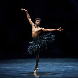 A captivating scene featuring a young Black male ballet dancer performing the iconic 'Black Swan' routine