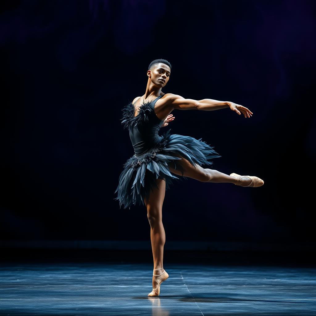 A captivating scene featuring a young Black male ballet dancer performing the iconic 'Black Swan' routine