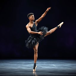 A captivating scene featuring a young Black male ballet dancer performing the iconic 'Black Swan' routine