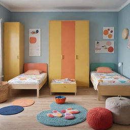 A children's bedroom, now featuring two beds and a wardrobe, all containing playful, colorful elements in a warm, inviting atmosphere