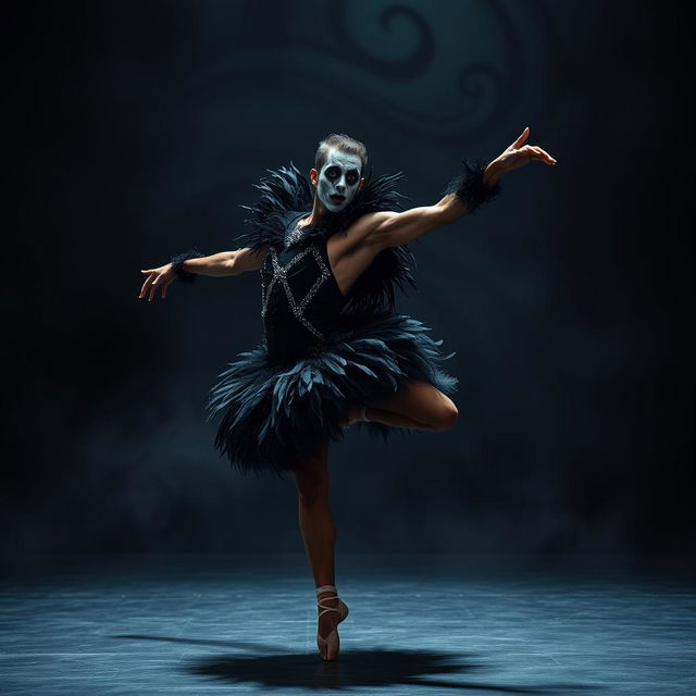 An intense and dramatic portrayal of a young Black male ballet dancer embodying the character of the 'Black Swan' in a psychotic twist