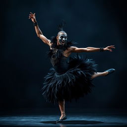 An intense and dramatic portrayal of a young Black male ballet dancer embodying the character of the 'Black Swan' in a psychotic twist