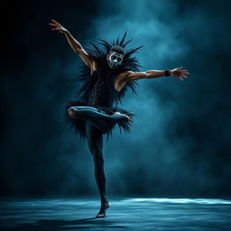An intense and dramatic portrayal of a young Black male ballet dancer embodying the character of the 'Black Swan' in a psychotic twist