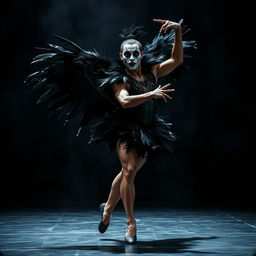 An intense and dramatic portrayal of a young Black male ballet dancer embodying the character of the 'Black Swan' in a psychotic twist