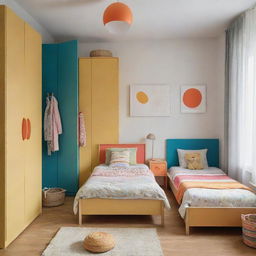 A children's bedroom, now featuring two beds and a wardrobe, all containing playful, colorful elements in a warm, inviting atmosphere