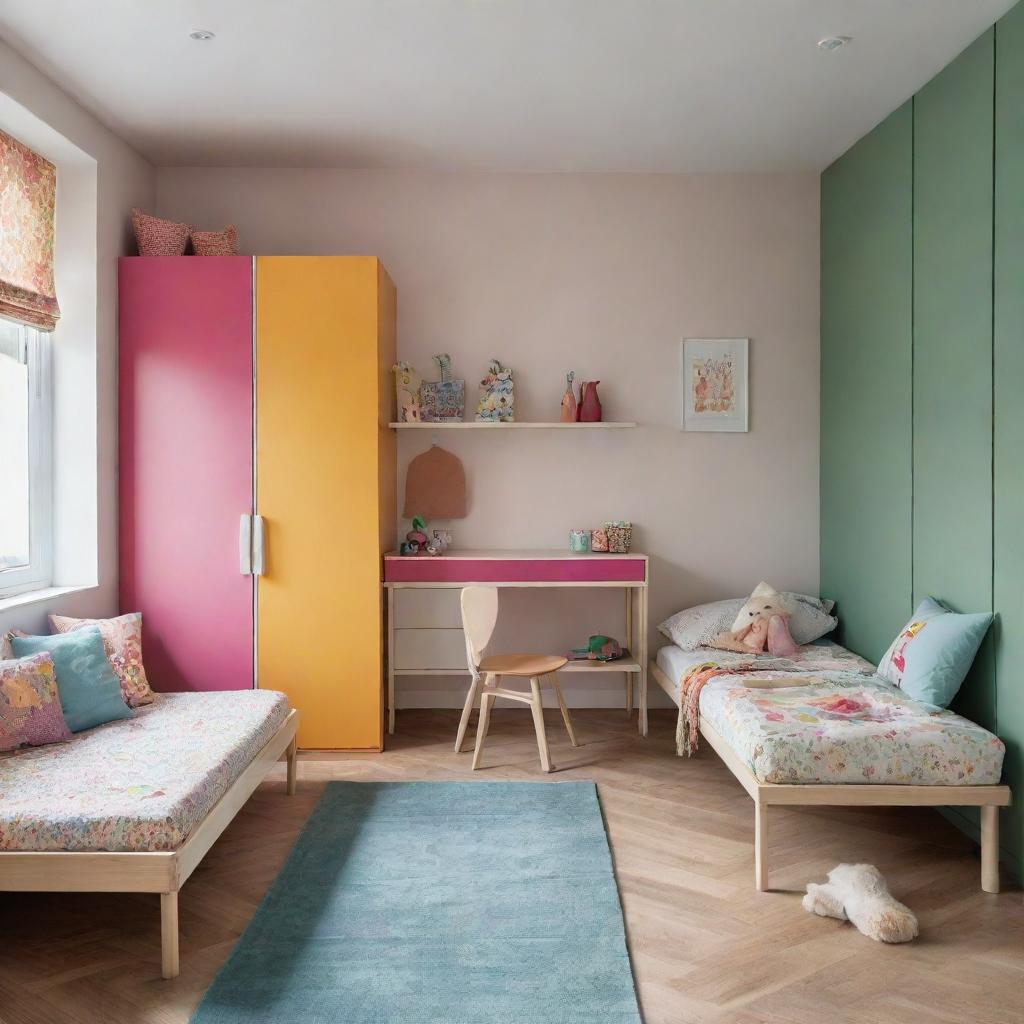 A children's bedroom, now featuring two beds and a wardrobe, all containing playful, colorful elements in a warm, inviting atmosphere