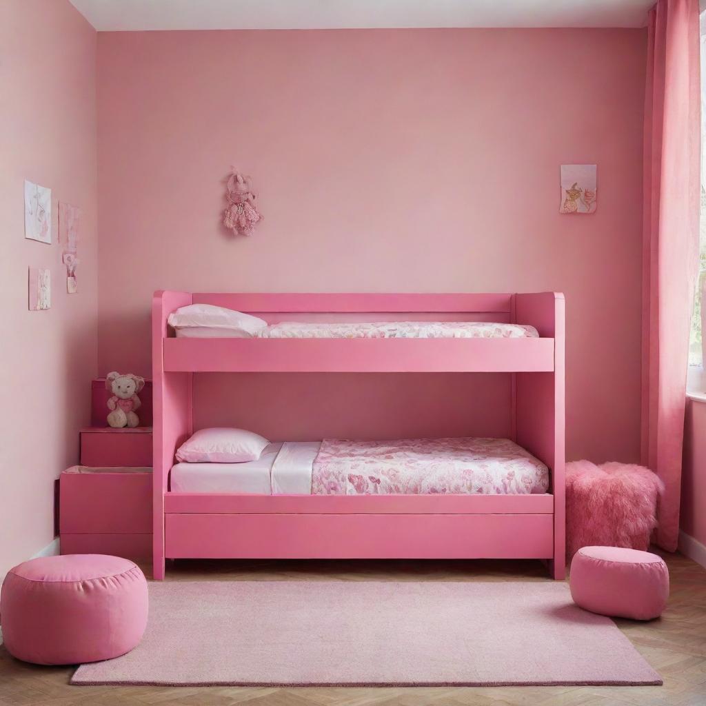 A children's bed in a vibrant shade of pink, designed with safety and comfort in mind, imbued with cheerful design elements