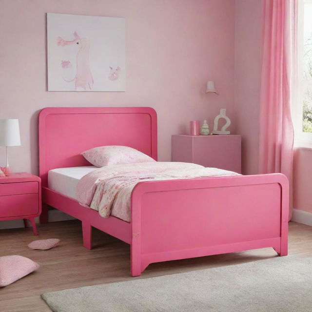 A children's bed in a vibrant shade of pink, designed with safety and comfort in mind, imbued with cheerful design elements