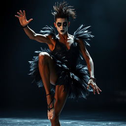 An intense and dramatic portrayal of a young Black male ballet dancer embodying a crazed and murderous persona while performing the 'Black Swan'