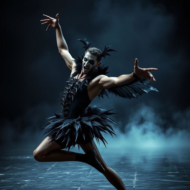 An intense and dramatic portrayal of a young Black male ballet dancer embodying a crazed and murderous persona while performing the 'Black Swan'