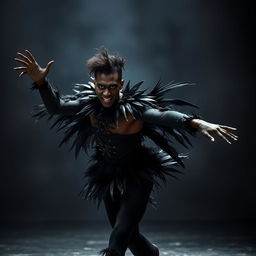 An intense and dramatic portrayal of a young Black male ballet dancer embodying a crazed and murderous persona while performing the 'Black Swan'