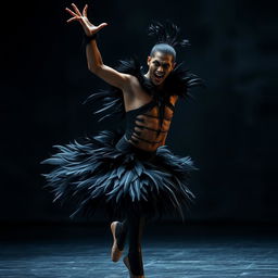 An intense and dramatic portrayal of a young Black male ballet dancer embodying a crazed and murderous persona while performing the 'Black Swan'