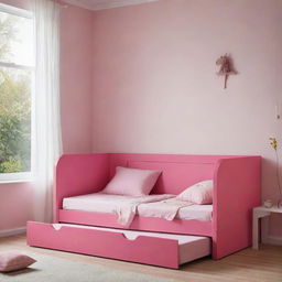 A children's bed in a vibrant shade of pink, designed with safety and comfort in mind, imbued with cheerful design elements