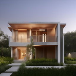 Render a beautiful and elegant two-story house with a lush garden and a modern architecture design.