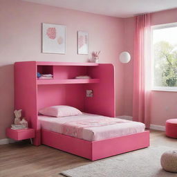 A children's bed in a vibrant shade of pink, designed with safety and comfort in mind, imbued with cheerful design elements