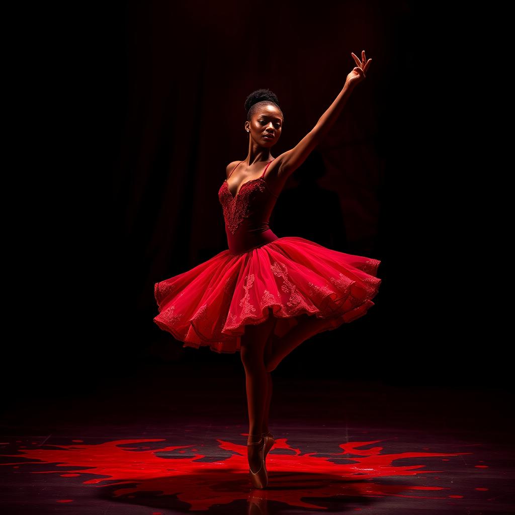 An African American ballet dancer, graceful and elegant, performing an en pointe move on a dark, ominous stage