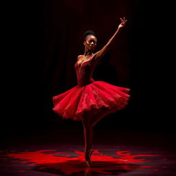 An African American ballet dancer, graceful and elegant, performing an en pointe move on a dark, ominous stage